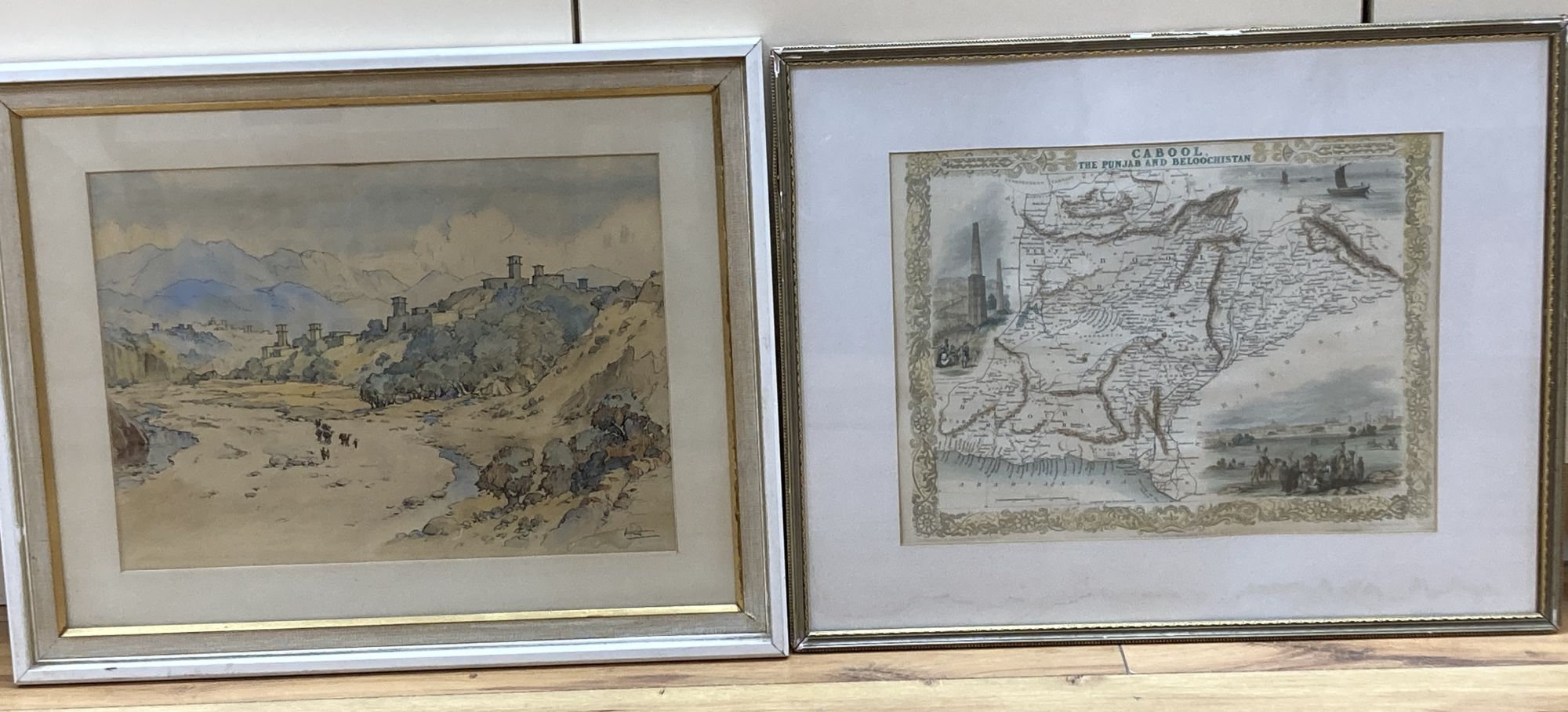 J & F Tallis, coloured engraving, Map of Cabool, The Punjab and Beloochistan and a hand coloured print of travellers in a North Indian